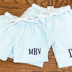 Boy Seersucker swim trunks, custom made and personalized using embroidery