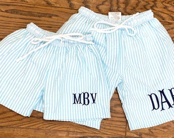 Boy Seersucker swim trunks, custom made and personalized using embroidery