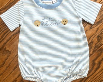 Boy personalized embroidered knit bubble with puppy dogs