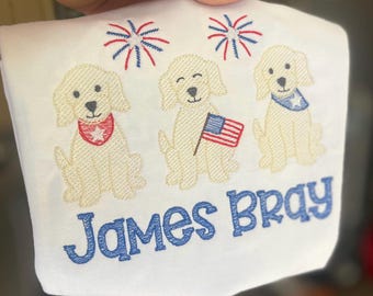 4th of July Baby Boy Outfit – Personalized Embroidered Bubble, Romper, or T-Shirt Onesie – Puppy and Fireworks- Patriotic
