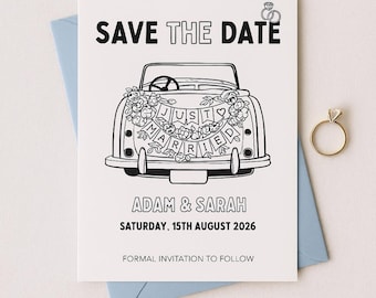 SAVE THE DATE Template | Printable Wedding Invitation | Wedding Car Illustration | Digital Download | Whimsical | Editable Canva Template