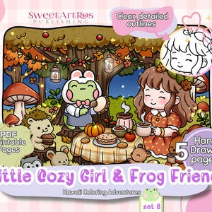 May include: A digital illustration depicting a cosy autumn scene with a girl and a frog. The image includes the text "Little Cozy Girl & Frog Friend" and "Kawaii Coloring Adventures". The illustration has clear outlines and is labeled as PDF printable pages.