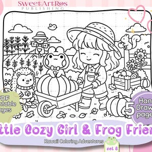 May include: A black and white illustration of a girl pushing a wheelbarrow with a pumpkin, alongside a frog and hedgehog. The image features text: "Little Cozy Girl & Frog Friend" and "PDF Printable Pages".
