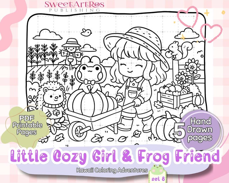 May include: A black and white illustration of a girl pushing a wheelbarrow with a pumpkin, alongside a frog and hedgehog. The image features text: "Little Cozy Girl & Frog Friend" and "PDF Printable Pages".