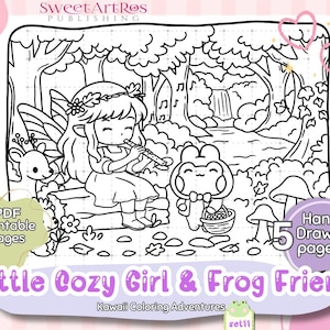 May include: Black and white line art illustration of a cozy girl playing a flute with a frog friend in a forest scene. The image includes text that reads "Little Cozy Girl & Frog Friend" and "PDF Printable Pages".