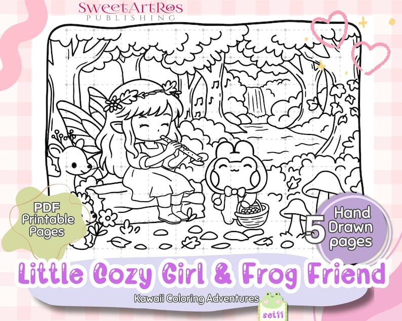 May include: Black and white line art illustration of a cozy girl playing a flute with a frog friend in a forest scene. The image includes text that reads "Little Cozy Girl & Frog Friend" and "PDF Printable Pages".