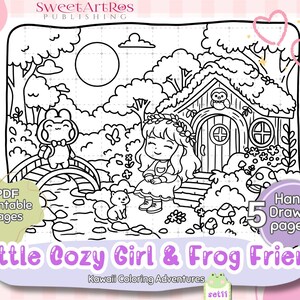 May include: Black and white line art illustration of a cozy scene with a girl, frog, and a small house. The image includes the text "Little Cozy Girl & Frog Friend" and "PDF Printable Pages". The image is labeled "5 Hand Drawn pages".