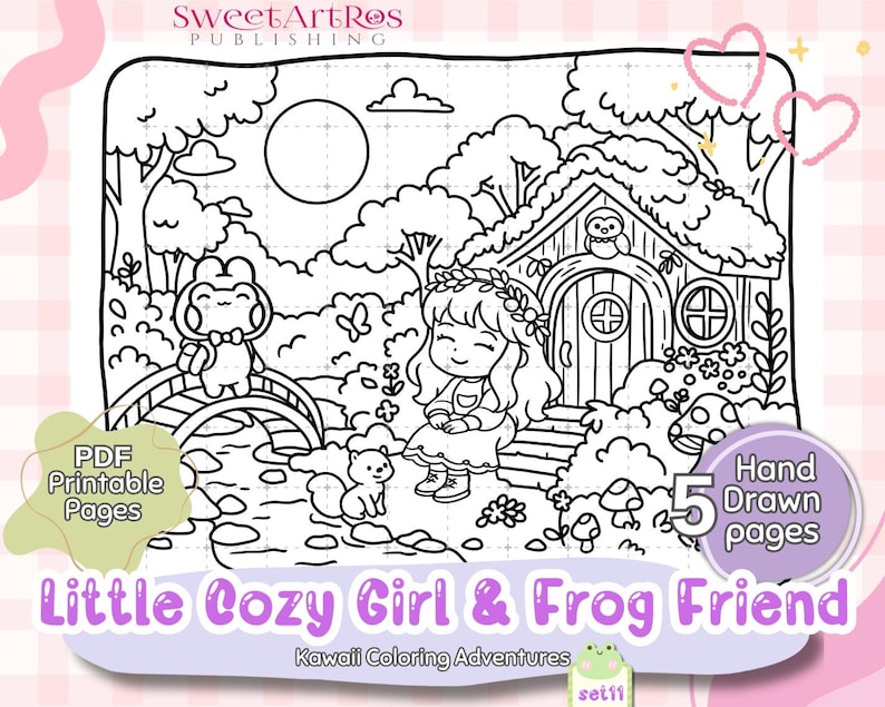 May include: Black and white line art illustration of a cozy scene with a girl, frog, and a small house. The image includes the text "Little Cozy Girl & Frog Friend" and "PDF Printable Pages". The image is labeled "5 Hand Drawn pages".
