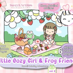 ちびかわいいぬり絵ページ – 居心地の良い女の子とウサギの帽子をかぶったかわいいカエル – 花のヒュッゲなシーン、庭、アウトドアアドベンチャー – A4 印刷可能なアート PDF