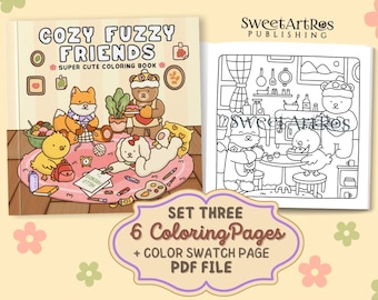 Animal Coloring Book – 6 Hand-Drawn Cozy Fuzzy Friends Pages (PDF File)