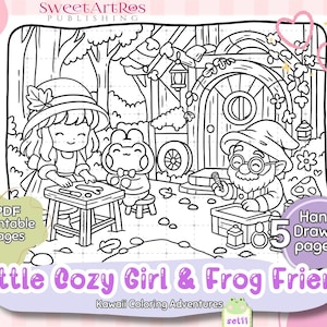 May include: Black and white line art illustration of a cozy scene with a girl, frog, and gnome. The image includes the text "Little Cozy Girl & Frog Friend" and "PDF Printable Pages". The image is a coloring book page.