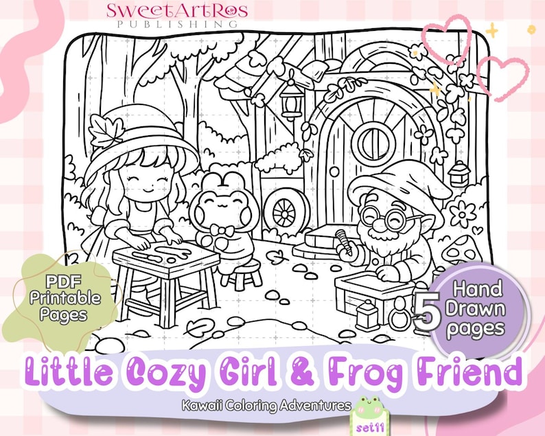 May include: Black and white line art illustration of a cozy scene with a girl, frog, and gnome. The image includes the text "Little Cozy Girl & Frog Friend" and "PDF Printable Pages". The image is a coloring book page.