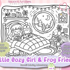 May include: Black and white line art illustration of a cozy bedroom scene. A girl and a frog are in bed reading. The image includes a cat, a window with a moon, and the text "Little Cozy Girl & Frog Friend".
