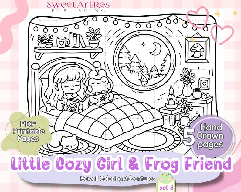 May include: Black and white line art illustration of a cozy bedroom scene. A girl and a frog are in bed reading. The image includes a cat, a window with a moon, and the text "Little Cozy Girl & Frog Friend".