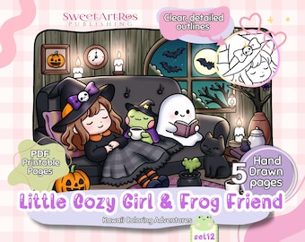 May include: Illustration of a cozy scene with a girl in a witch hat, a frog, and a ghost. The image includes a pumpkin, a black cat, and the text "Little Cozy Girl & Frog Friend". The image is labeled "PDF Printable Pages" and "Hand Drawn pages".