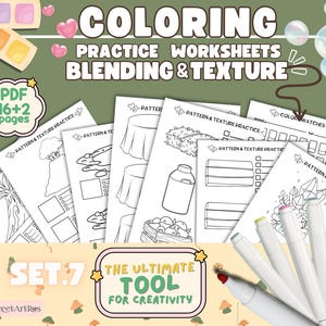 Puede incluir: Conjunto de 16+2 páginas para colorear para practicar el mezclado y la textura. Las páginas presentan varios patrones y texturas, incluyendo un árbol, una mesa, una botella y un cristal. El conjunto también incluye muestras de colores y marcadores.