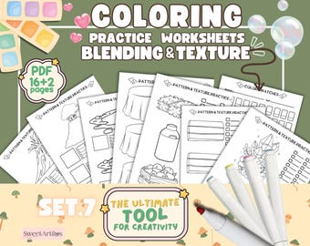 May include: Set of 16+2 coloring pages for practicing blending and texture. The pages feature various patterns and textures, including a tree, a table, a bottle, and a crystal. The set also includes color swatches and markers.