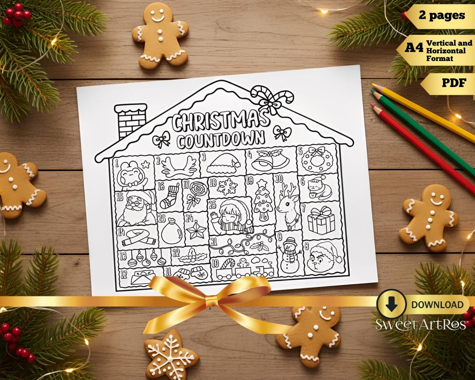 Christmas Advent Calendar Coloring Page, Holiday Countdown (PDF ...