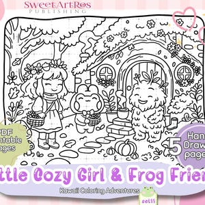 May include: Black and white line art of a coloring book page featuring a cozy scene with a girl, a frog, and a furry creature in front of a house. The text "Little Cozy Girl & Frog Friend" is displayed.