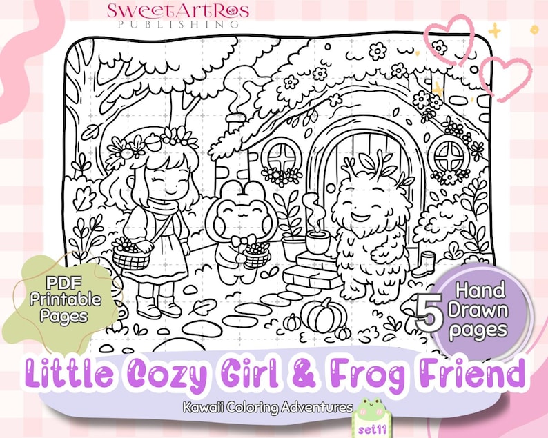 May include: Black and white line art of a coloring book page featuring a cozy scene with a girl, a frog, and a furry creature in front of a house. The text "Little Cozy Girl & Frog Friend" is displayed.