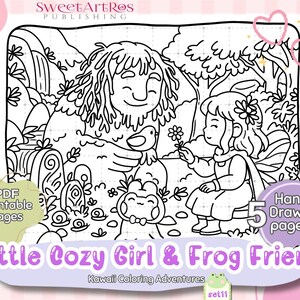 May include: Black and white line art illustration of a cozy girl and frog friend in a forest setting. The image includes text that reads "Little Cozy Girl & Frog Friend" and "PDF Printable Pages". The image also includes the text "Hand Drawn pages".