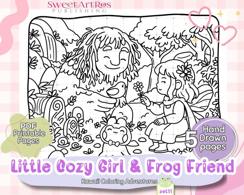 May include: Black and white line art illustration of a cozy girl and frog friend in a forest setting. The image includes text that reads "Little Cozy Girl & Frog Friend" and "PDF Printable Pages". The image also includes the text "Hand Drawn pages".