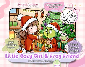 May include: A digital illustration featuring a cozy Christmas scene with a girl and a Grinch-like character. The image includes a Christmas tree, gifts, and the text "Little Cozy Girl & Frog Friend". The illustration is labeled as "PDF Printable Pages".