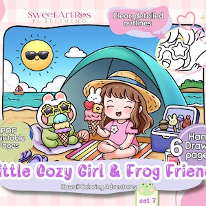 Kawaii Summer Coloring Pages PDF - Cozy Girl & Frog on Vacation. Beach, Ice Cream, Surf, Pool Fun.  Printable for Kids and Adults A4