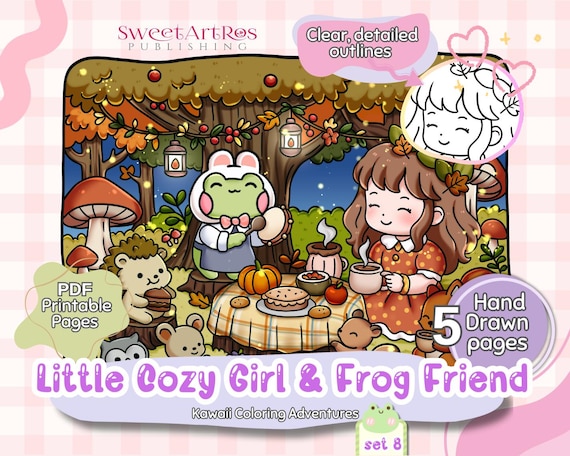 Kawaii Autumn Coloring Pages: Cozy Girl & Frog in Fall Forest (PDF A4 Downloadable)