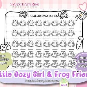 May include: A black and white printable PDF with colour swatches featuring frog illustrations. The image includes the text "Little Cozy Girl & Frog Friend" and "Kawaii Coloring Adventures". Additional illustrations include butterflies, a snail, and a watering can.