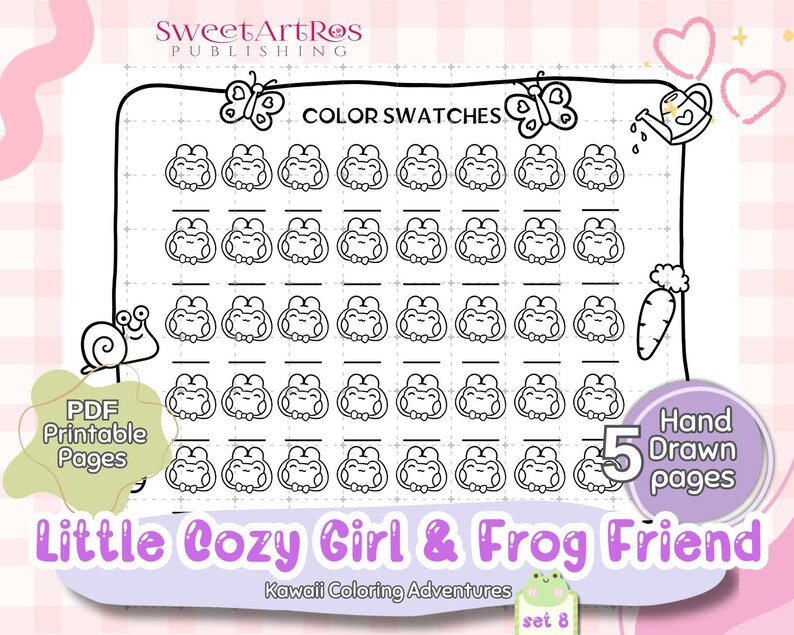 May include: A black and white printable PDF with colour swatches featuring frog illustrations. The image includes the text "Little Cozy Girl & Frog Friend" and "Kawaii Coloring Adventures". Additional illustrations include butterflies, a snail, and a watering can.