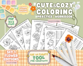 May include: A set of printable coloring pages featuring cute and cozy flower illustrations. The pages are titled "Cute & Cozy Flower Color Combos" and include a color swatch section. The set is labeled "Set 1 Flower Editions" and "The Ultimate Tool for Creativity".