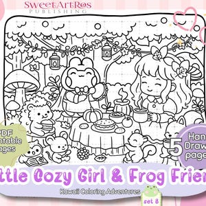 May include: Black and white line art illustration of a cosy scene with a girl and a frog friend. The image includes a table with food, forest elements, and the text "Little Cozy Girl & Frog Friend". Includes "PDF Printable Pages" and "Hand Drawn pages".