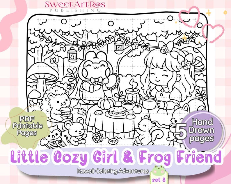 May include: Black and white line art illustration of a cosy scene with a girl and a frog friend. The image includes a table with food, forest elements, and the text "Little Cozy Girl & Frog Friend". Includes "PDF Printable Pages" and "Hand Drawn pages".