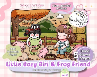 Kawaii Autumn Coloring Pages: Cozy Girl & Frog in Fall Forest (PDF)