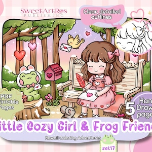 Peut inclure: Illustration numérique intitulée "Little Cozy Girl & Frog Friend" avec une fille écrivant, une grenouille et un oiseau. L'image a des contours clairs et est étiquetée pages imprimables PDF avec 5 pages dessinées à la main.