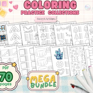 May include: A bundle of coloring practice sheets with the text "COLORING PRACTICE COLLECTIONS" and "MEGA BUNDLE". The pages contain drawings of houses, a sleigh, and a snowman. The image also includes a "PDF 70 pages" graphic.