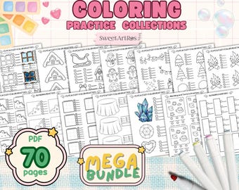 May include: A collection of coloring practice pages with the text "COLORING PRACTICE COLLECTIONS" and "MEGA BUNDLE". The pages feature various drawings, including houses, a sleigh, and a snowman. The image also includes a "PDF 70 pages" graphic.