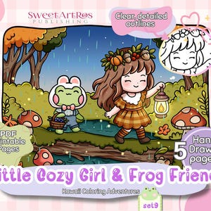May include: A digital illustration featuring a cozy girl and a frog friend in a forest setting. The girl, holding a lantern, wears a plaid dress. The frog, in overalls, carries a basket. The image includes text: "Little Cozy Girl & Frog Friend" and "Kawaii Coloring Adventures".