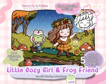 Kawaii Autumn Coloring Pages: Cozy Girl & Frog in Fall Forest (PDF)