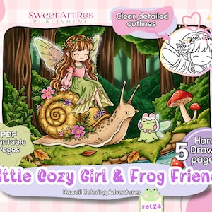 Fairycore Coloring Pages set2: Kawaii Girl, Frog Friend, Enchanted Forest (Digital Download)