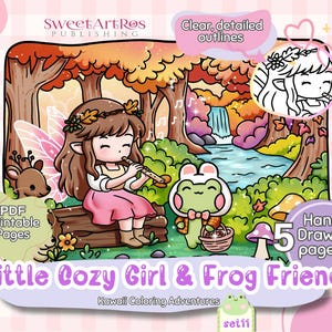 Może przedstawiać: Cyfrowa ilustracja dziewczynki grającej na flecie, żaby z koszem i jelenia w lesie. Obraz zawiera tekst "Little Cozy Girl & Frog Friend" i "Kawaii Coloring Adventures".