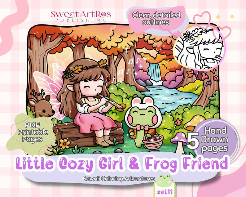 May include: A digital illustration featuring a cozy girl playing a flute, a frog with a basket, and a deer in a forest setting. The image includes text that reads "Little Cozy Girl & Frog Friend" and "Kawaii Coloring Adventures."
