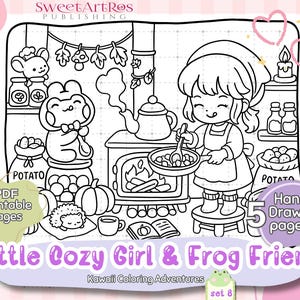May include: Black and white line drawing of a kitchen scene featuring a girl cooking and a frog. The image includes text that says "Little Cozy Girl & Frog Friend" and "PDF Printable Pages".