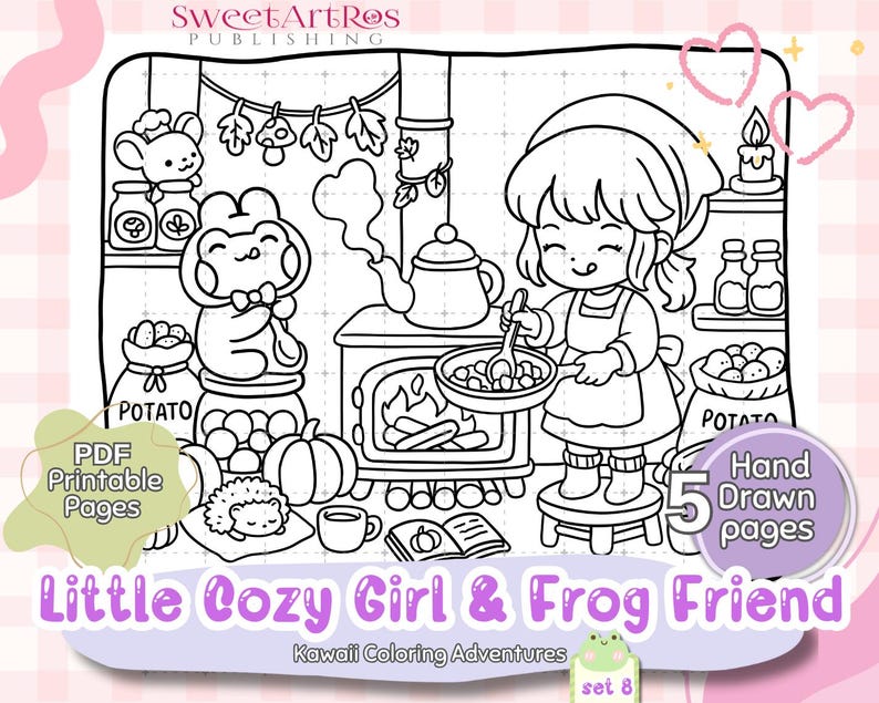 May include: Black and white line drawing of a kitchen scene featuring a girl cooking and a frog. The image includes text that says "Little Cozy Girl & Frog Friend" and "PDF Printable Pages".