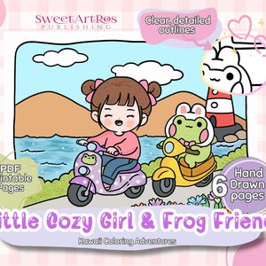 ちびかわいいぬり絵ページ – 居心地の良い女の子とウサギの帽子をかぶったかわいいカエル – 花のヒュッゲなシーン、庭、アウトドアアドベンチャー – A4 印刷可能なアート PDF