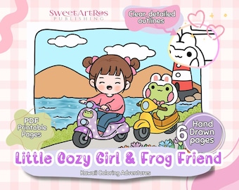 Chibi Kawaii Coloring Pages – Cozy Girl & Frog, Hygge Garden Scenes (A4 Printable PDF)