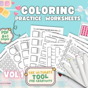 May include: A set of printable colouring practice worksheets in PDF format. The worksheets include colour swatches, pattern and texture practice, blending exercises, and colour combo charts. The title "The Ultimate Tool for Creativity" and "Vol. 1" are visible on the page.