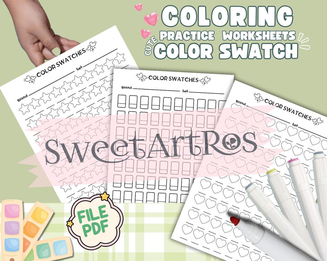 Color Swatch Charts, Coloring Practice Pages (PDF Downloadable File A4 ...
