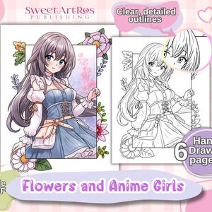 手描きのかわいいアニメの女の子の肖像画のぬり絵6枚セット、花のフレーム付き、紙やタブレット用のデジタル線画、リラックスできるアートワーク、A4